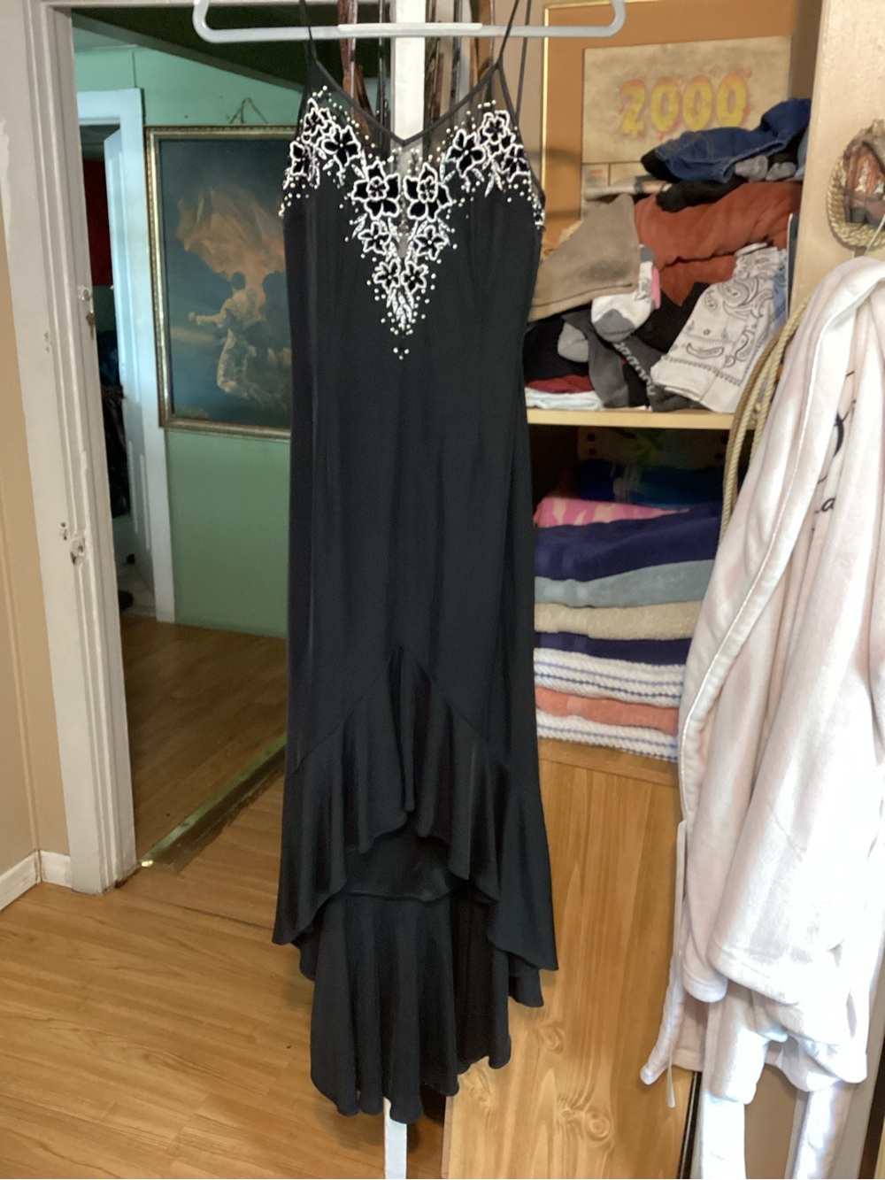 JS Boutique Black High-Low Evening Dress with White Beaded Detail,